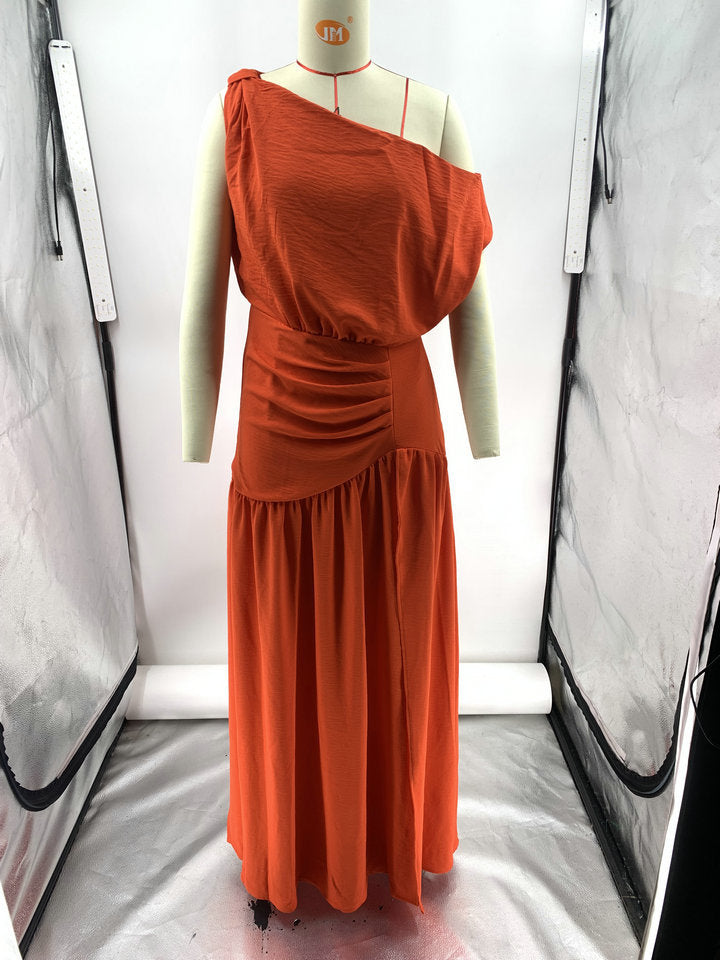 Solid Sexy Slash Shoulder Off-Shoulder Slim Waist Slit Gown Dress 19