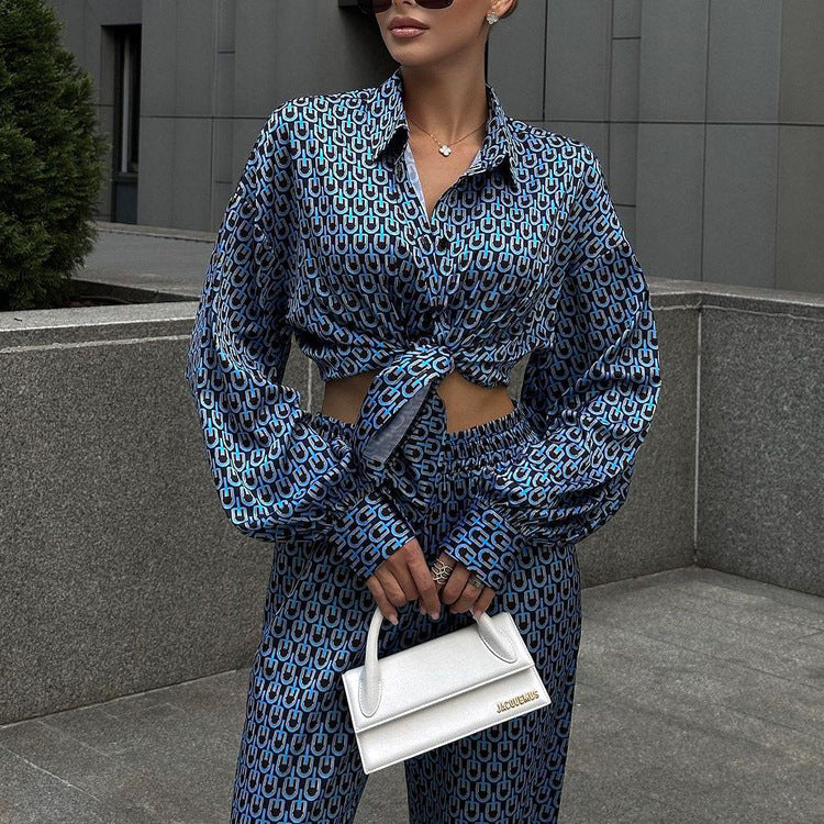 Autumn Chic Outfit Printed Long Sleeve Turndown Collar Shirt Wide-Leg Pants Fashion Two-Piece Suit 3