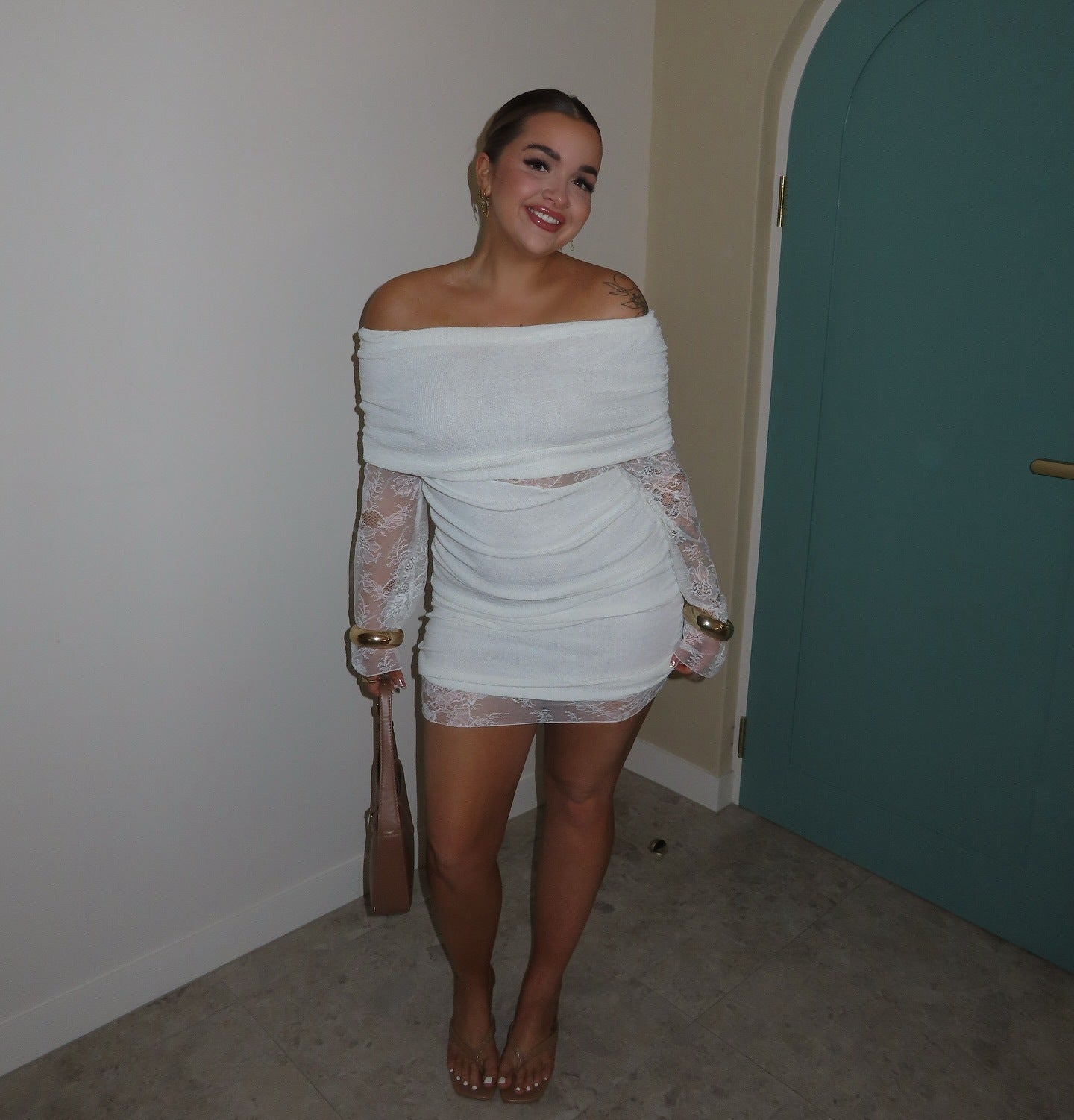 Women's Chic Lace Patchwork Off-Shoulder Knit Short Dress 12