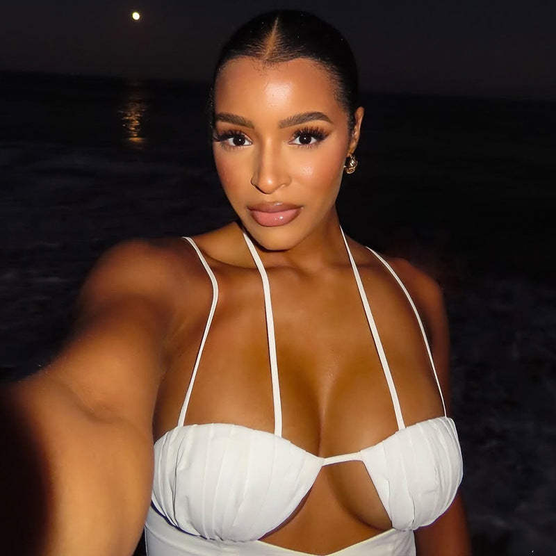 Women's Trendy Low Back Halter Neck Solid Color Hollow Slit Irregular Long Dress 5