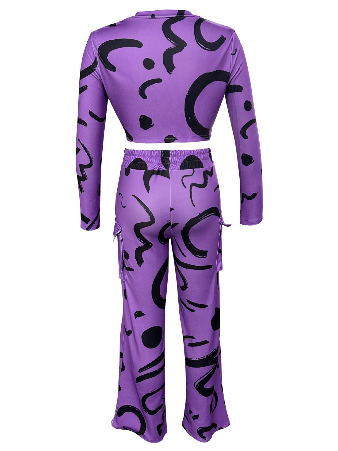 Women Autumn and Winter Geometric Line Print Casual Sexy Short Top and Pant Two-piece Set 17