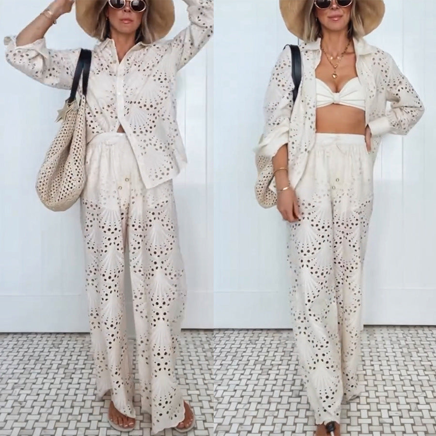 Women Fall and Winter Long-sleeved Single-breasted Shirt and Pants Two-piece Set 4