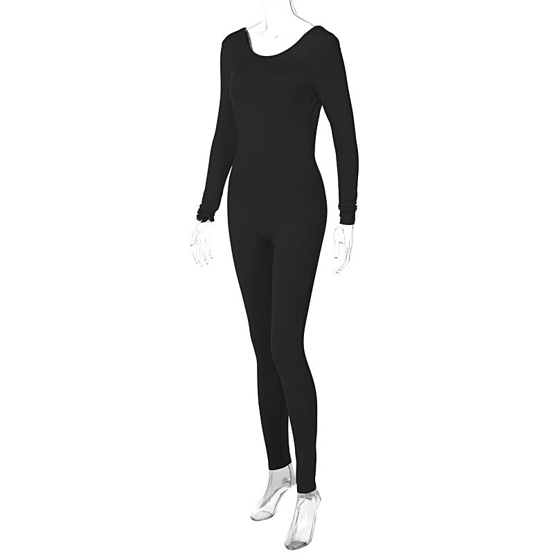 Women's Low Back Solid Color Long Sleeve Jumpsuit Fall Slim Sports Basic Overall Pants 28