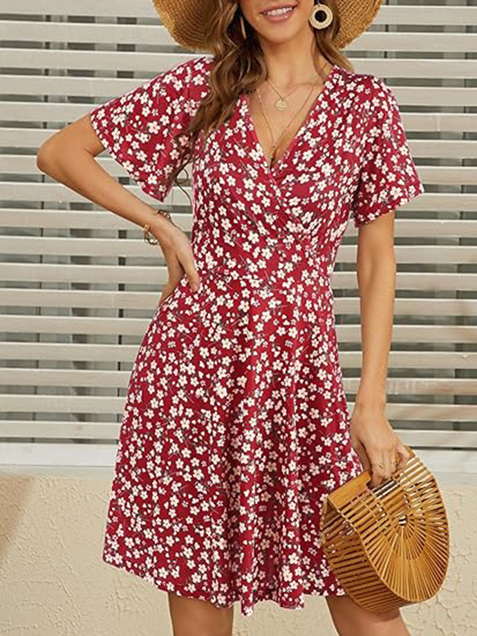 Women summer floral short-sleeved v-neck dress 10