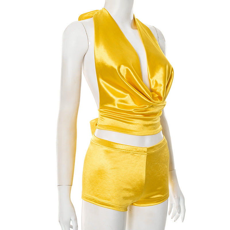 Women Sexy Halter Neck Swinging Neck Tie-Up Top Shorts Two-Piece Set 13