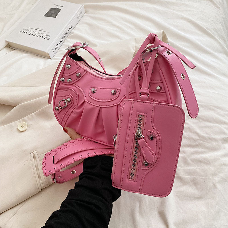 Diagonal pleated single shoulder women's retro rivet bag 43
