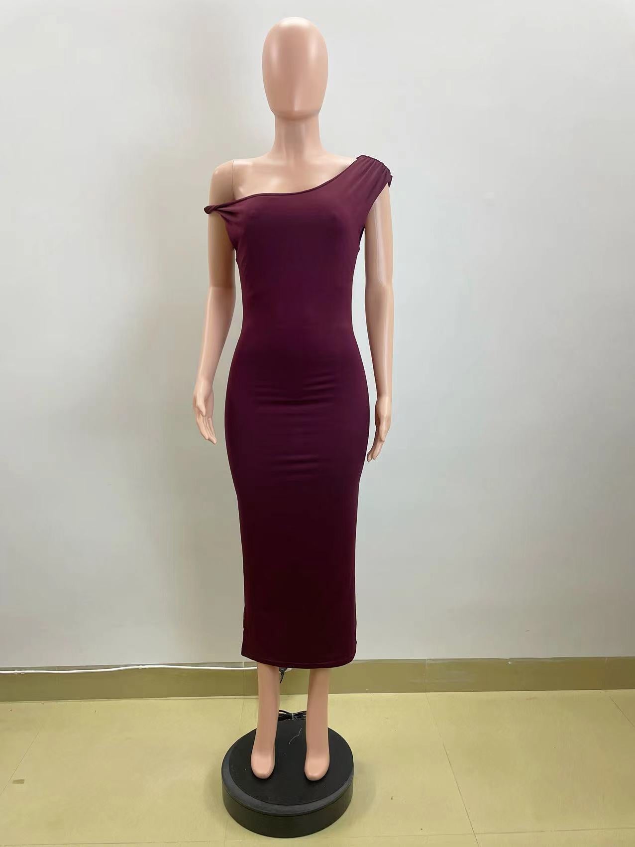 Women Summer Slash Shoulder Pleated Bodycon Dress 4