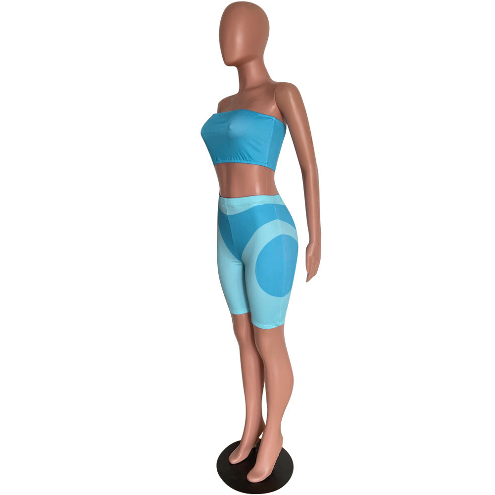 Women's summer fashionable color matching tight fitting strapless two-piece shorts set 10