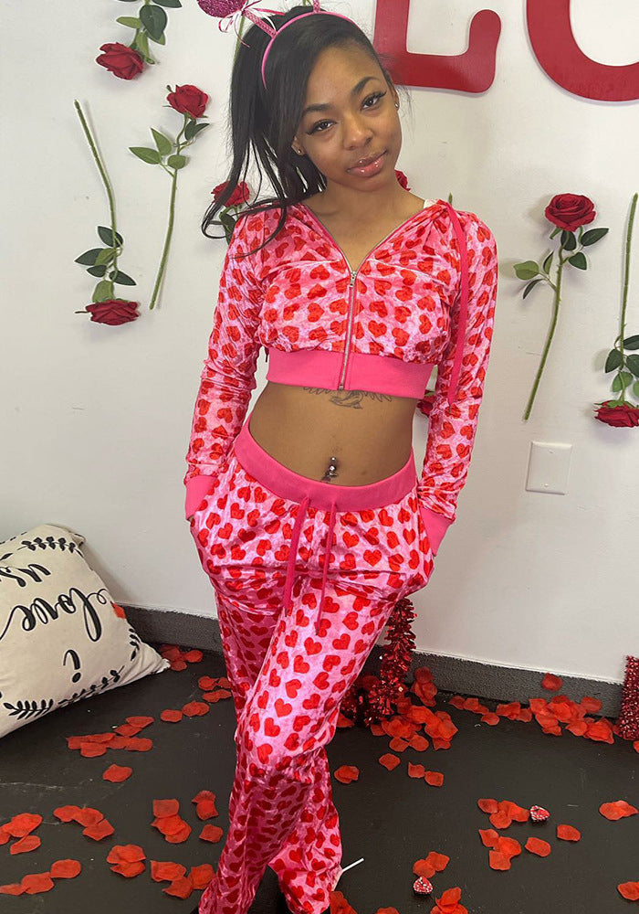 Women Sexy Hooded Printed Zipper Crop Top and Pants Two-piece Set