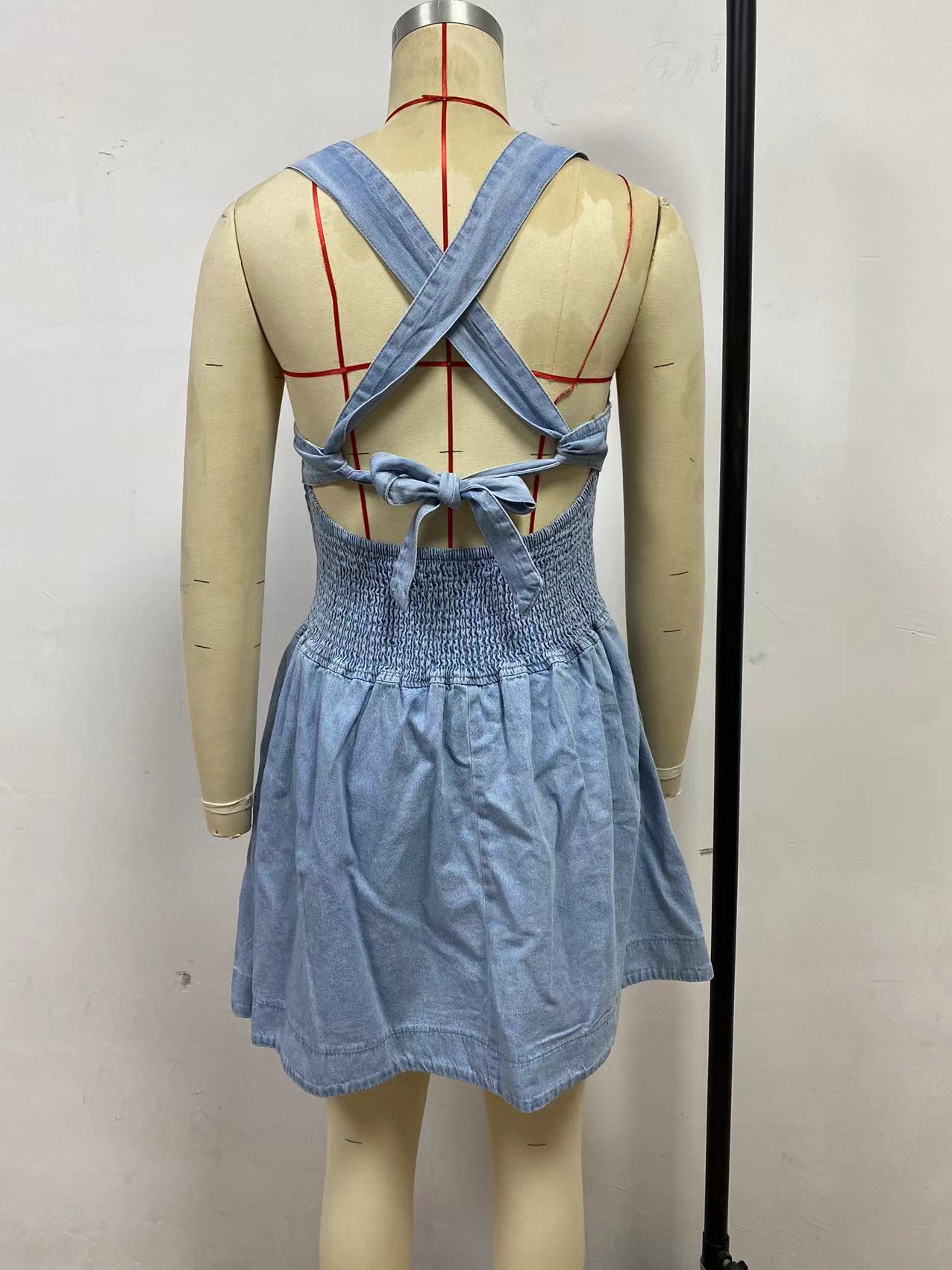 Women Summer Solid Backless Denim Dress 8