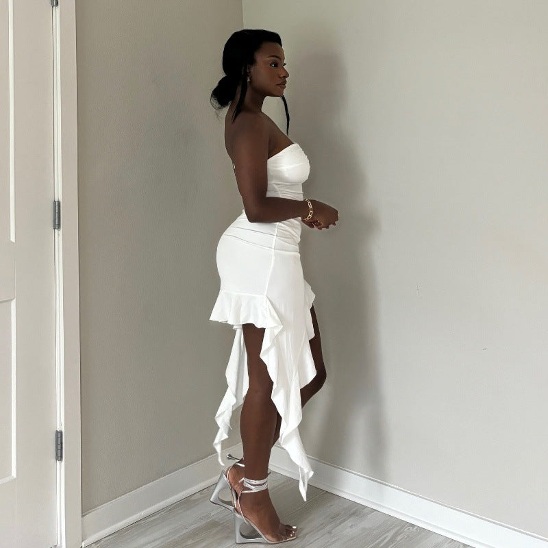 Women Summer Strapless Off-Shoulder Ruffle Edge Dress