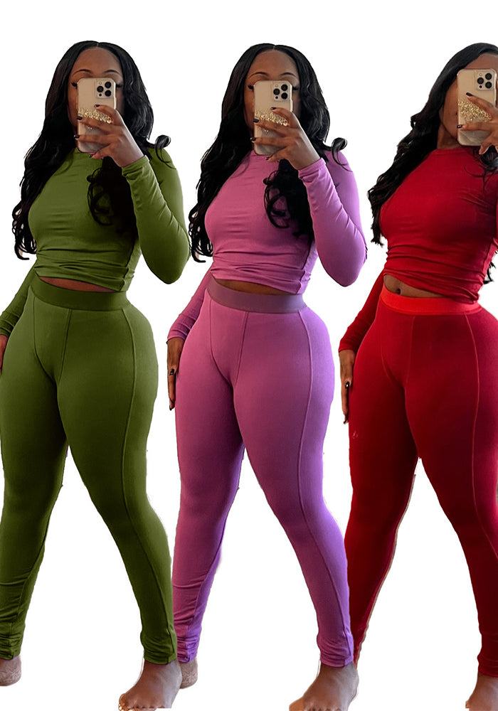 Ribbed Elastic Yoga Sports Women's Tight Slim Two Piece Pants Set