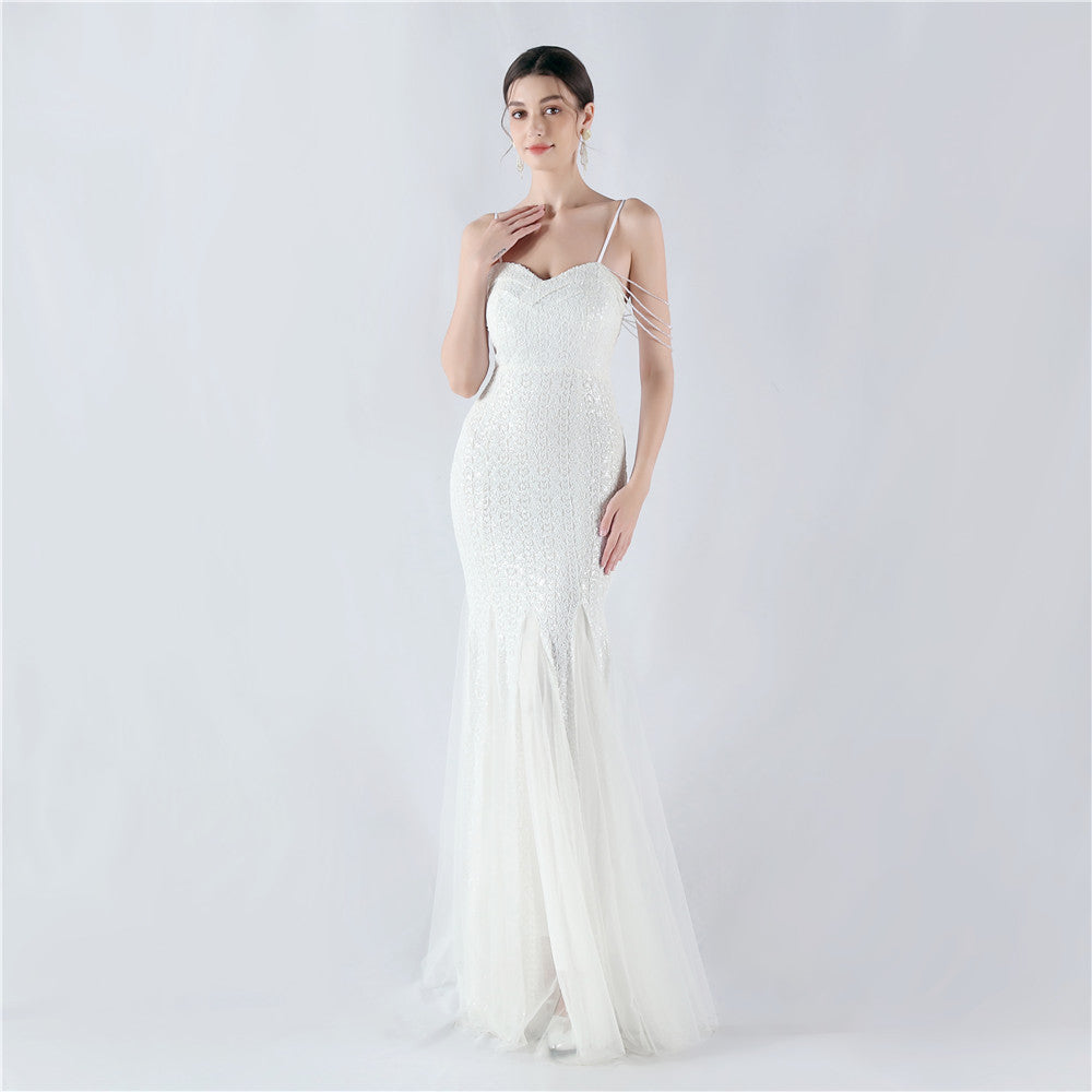 Strap Beading Mesh Sequin Evening Dress