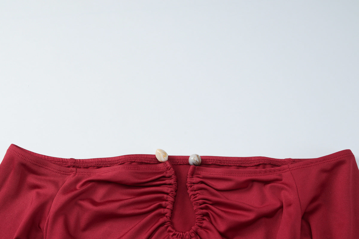 Women sexy strapless off-shoulder pleated bodycon dress 11