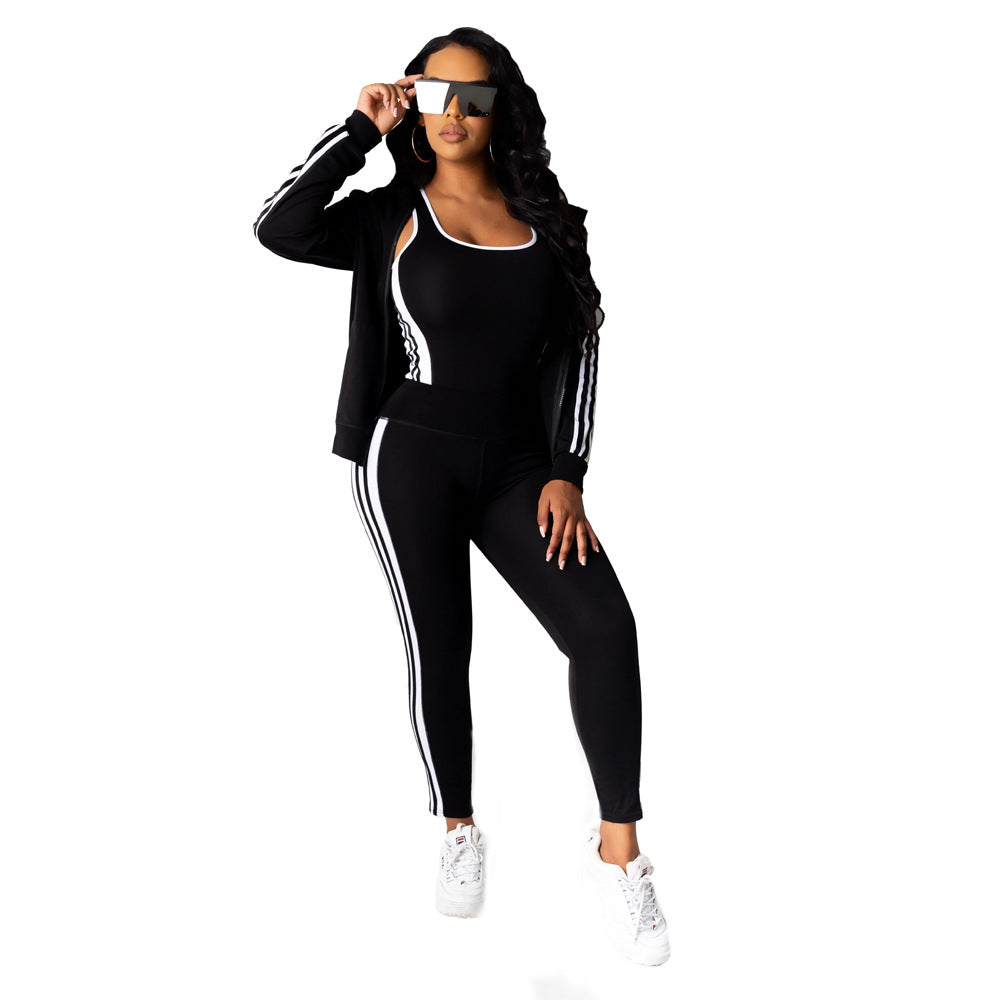 Women Long Sleeve Top Pant Tank Top Casual Sports Three-Piece 3