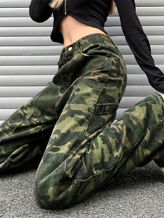 High Street Camouflage Cargo Jeans Women's Hip Hop Denim Straight Pants 4