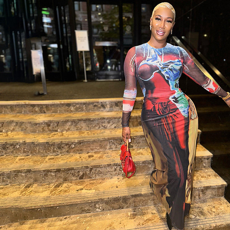 Women Autumn and Winter Street Sexy Bodycon Printed Maxi Dress 3