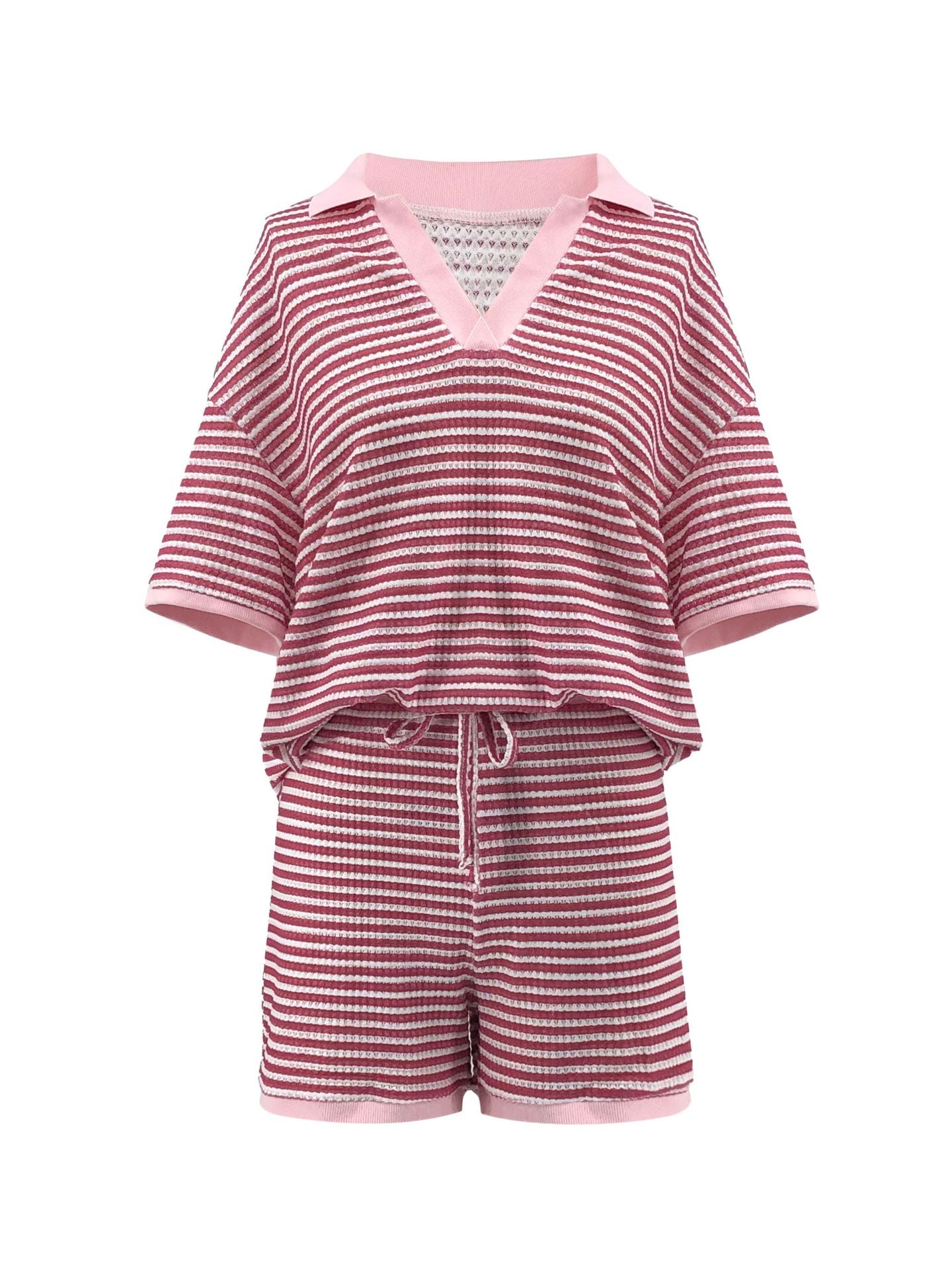 Women's Half-Sleeve V-Neck Striped Knit Top + High-Waist Shorts Casual Set 7