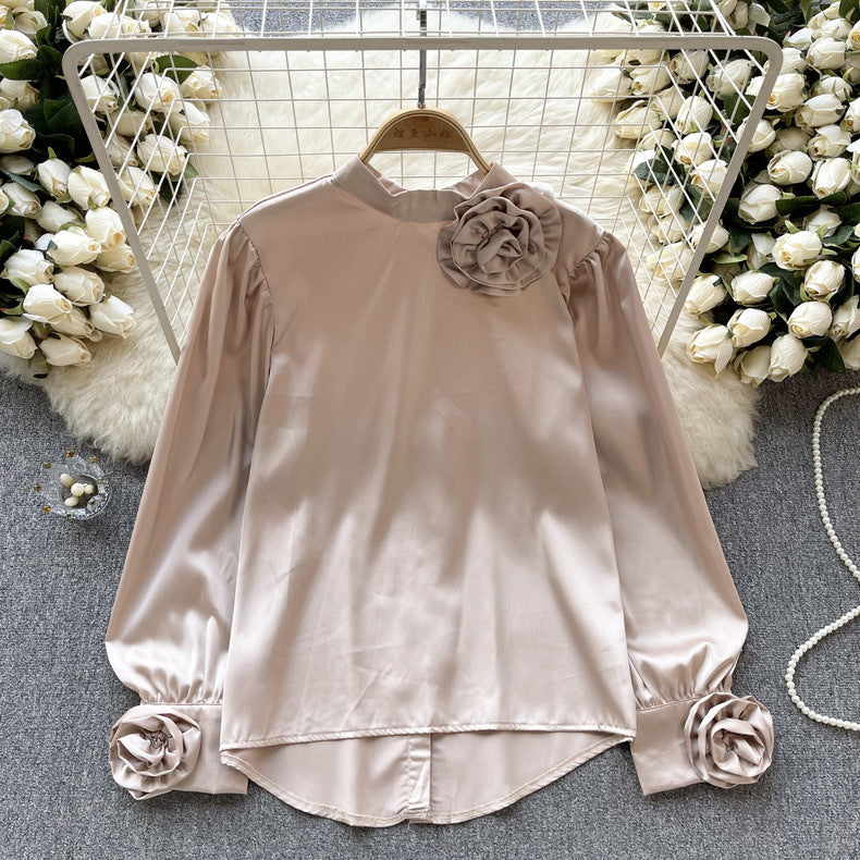 Women French Long Sleeve Chic Satin Shirt 9