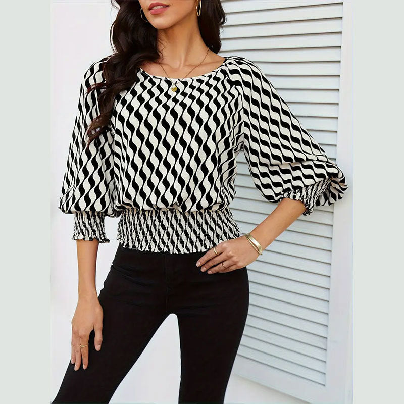 Spring Women's Lantern Sleeve Top & Slim Waist Contrast Print Long Sleeve T-Shirt