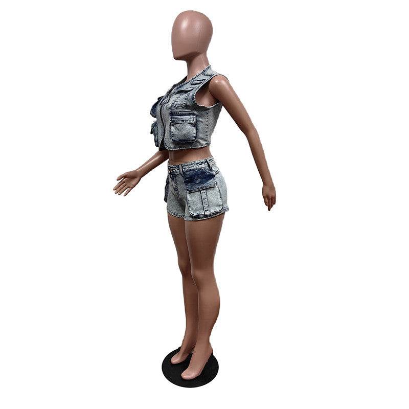Denim Shorts Multi-Pocket Sleeveless Two Piece Denim Shorts Set 7
