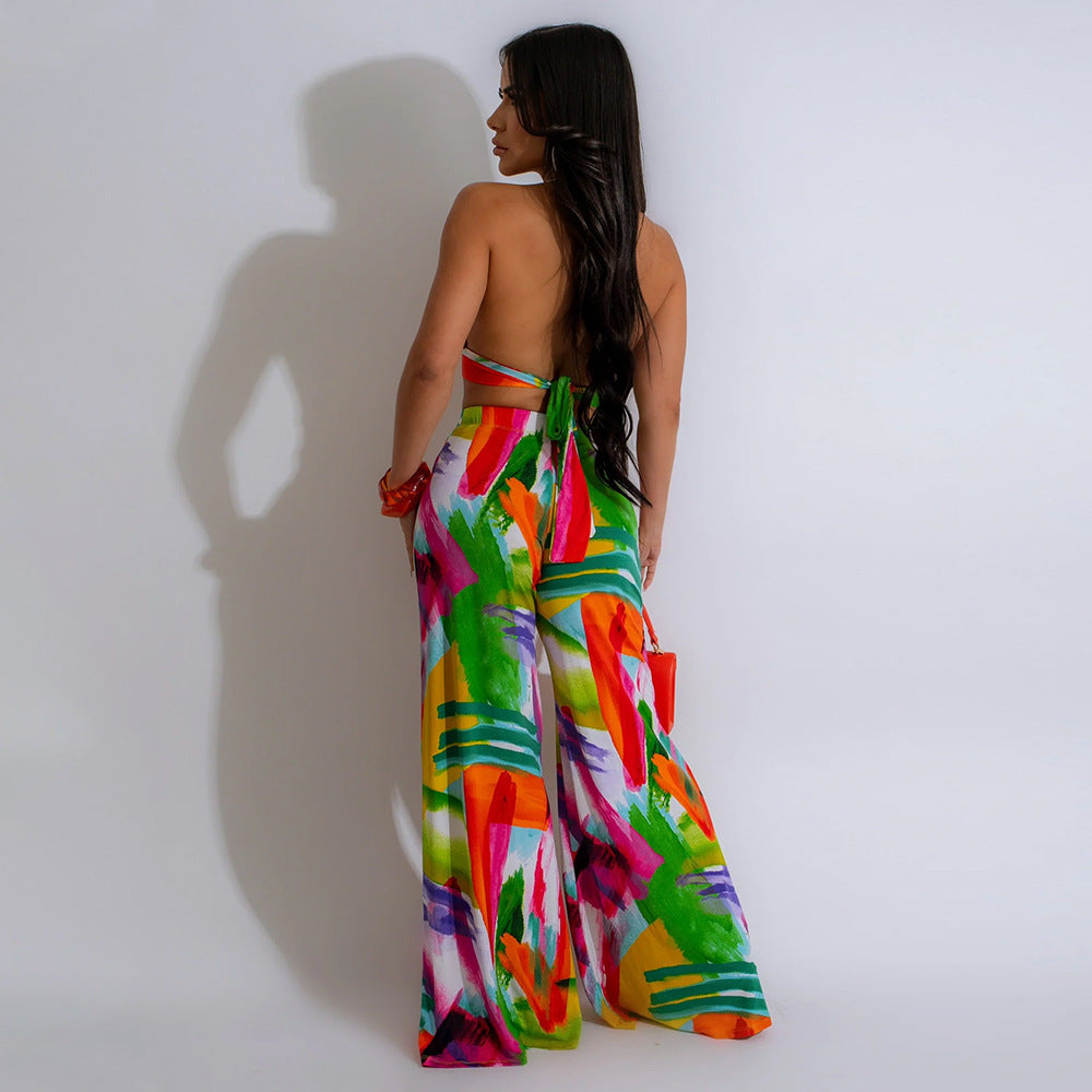 Fashionable Printed Crop Lace-Up Top Wide-Leg Pants Two-Piece Set 3