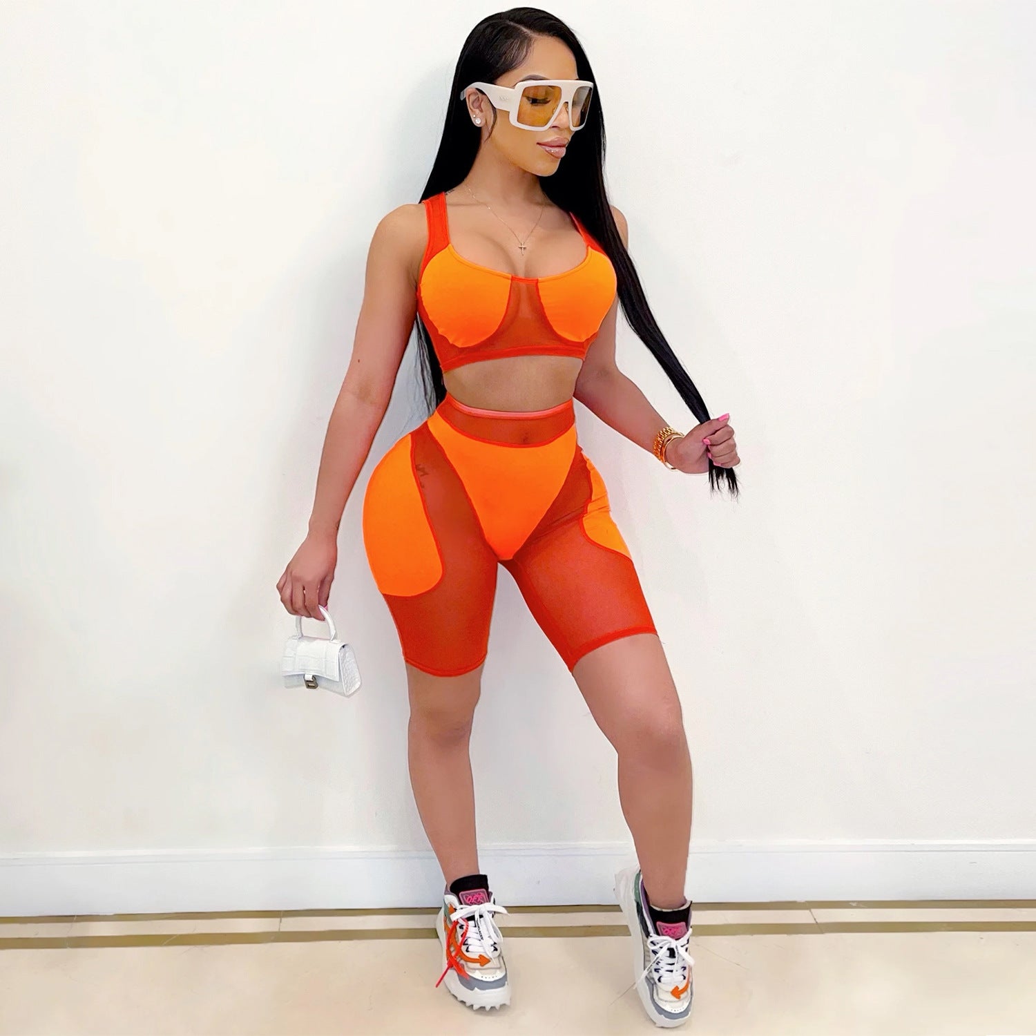Women casual solid mesh color-blocking Top and Shorts Two Piece Set 6