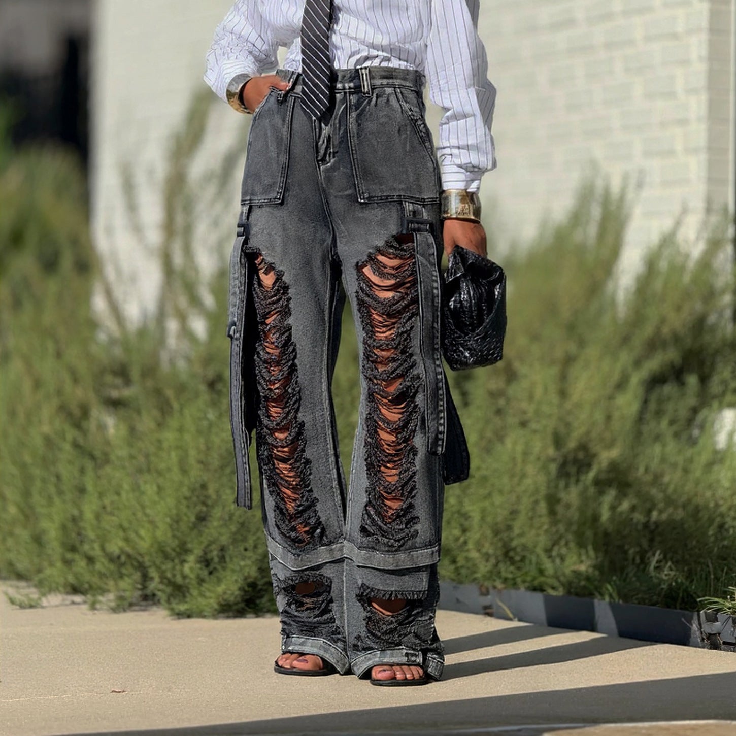 Hip Hop Street Ripped Ribbon Cargo Denim Pants