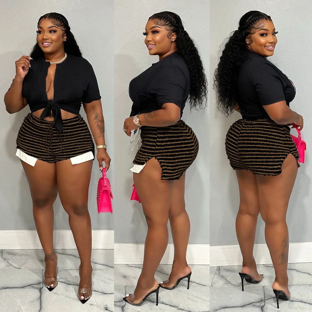 Striped Drawstring High Waist Shorts Sexy Fashion Casual Patchwork Plus Size Pants 5