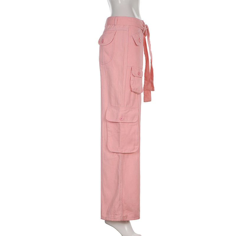 Street Hipster Women Clothing Casual Loose Drawstring Belt High Waist  Grey Wide Leg Denim Cargo Pants 11