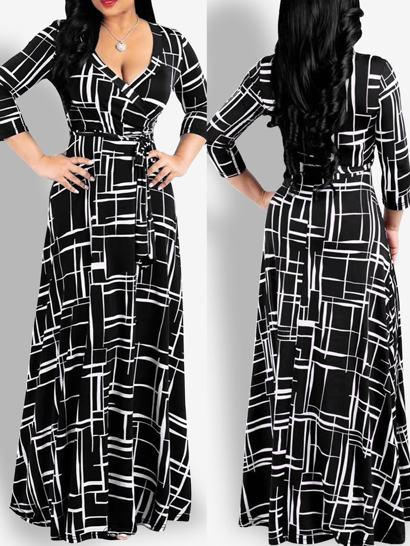 Spring & Autumn Women's Fashion Elegant Wrap V-Neck Half-Sleeve Print Belt Maxi Dress 44