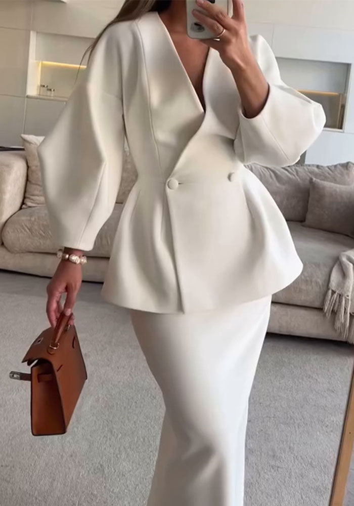 Women Solid Button Puff Sleeve Top and Skirt Two Piece Set