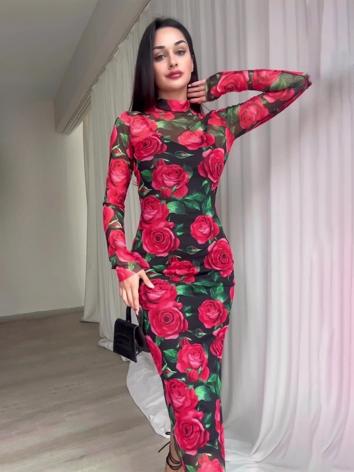 Spring Floral Print Long Sleeve Midi Dress 5