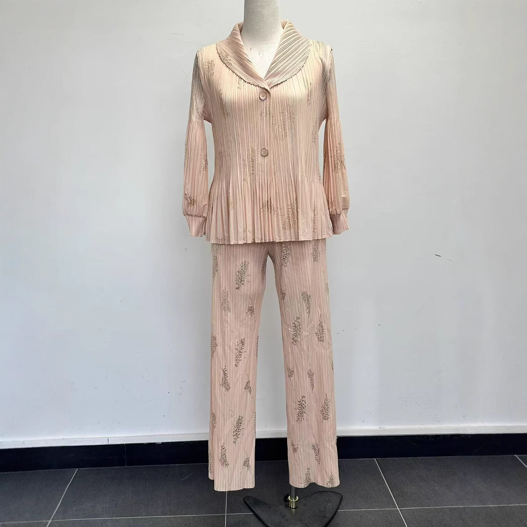 Plus Size Women Casual Pleated Blazer and Pants Two Piece Set 10