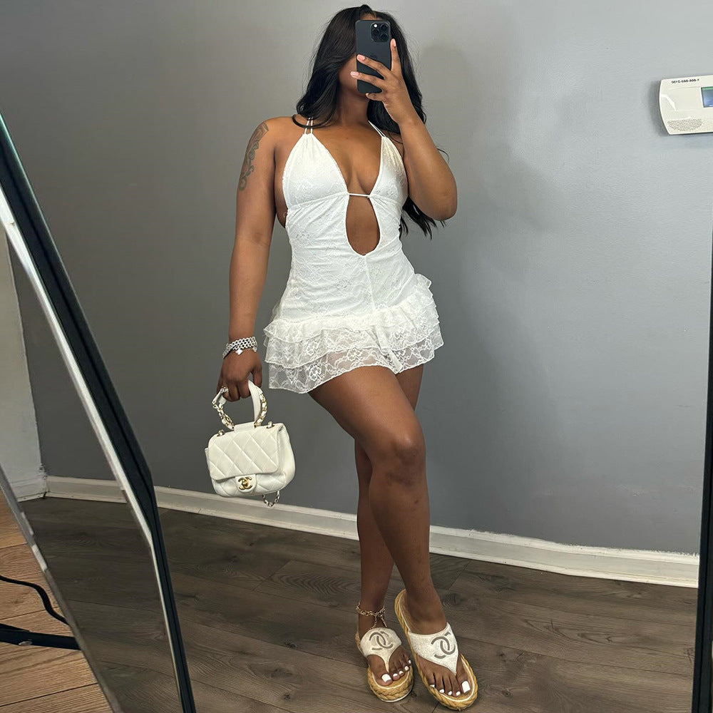 Women's Halter Lace-Up Low Back Sexy Lace Dress