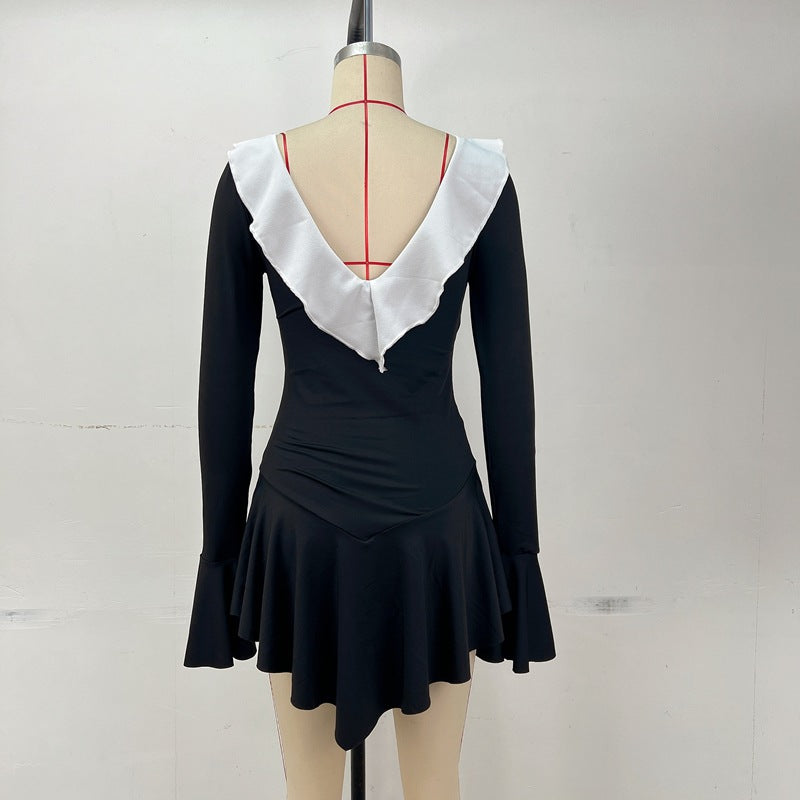 WomenŸ??s Fashion Color Block Ruffled V-neck Bell Sleeves Casual Dress 6