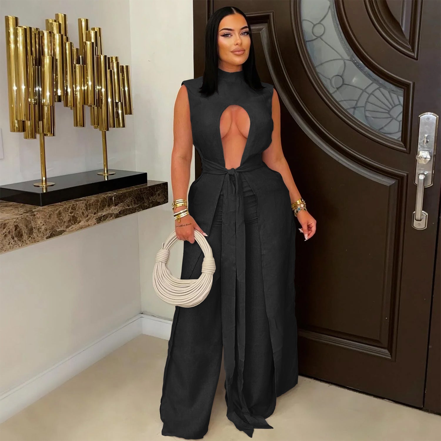 Women sexy solid lace-up sleeveless top and Pant Two Piece Set 5