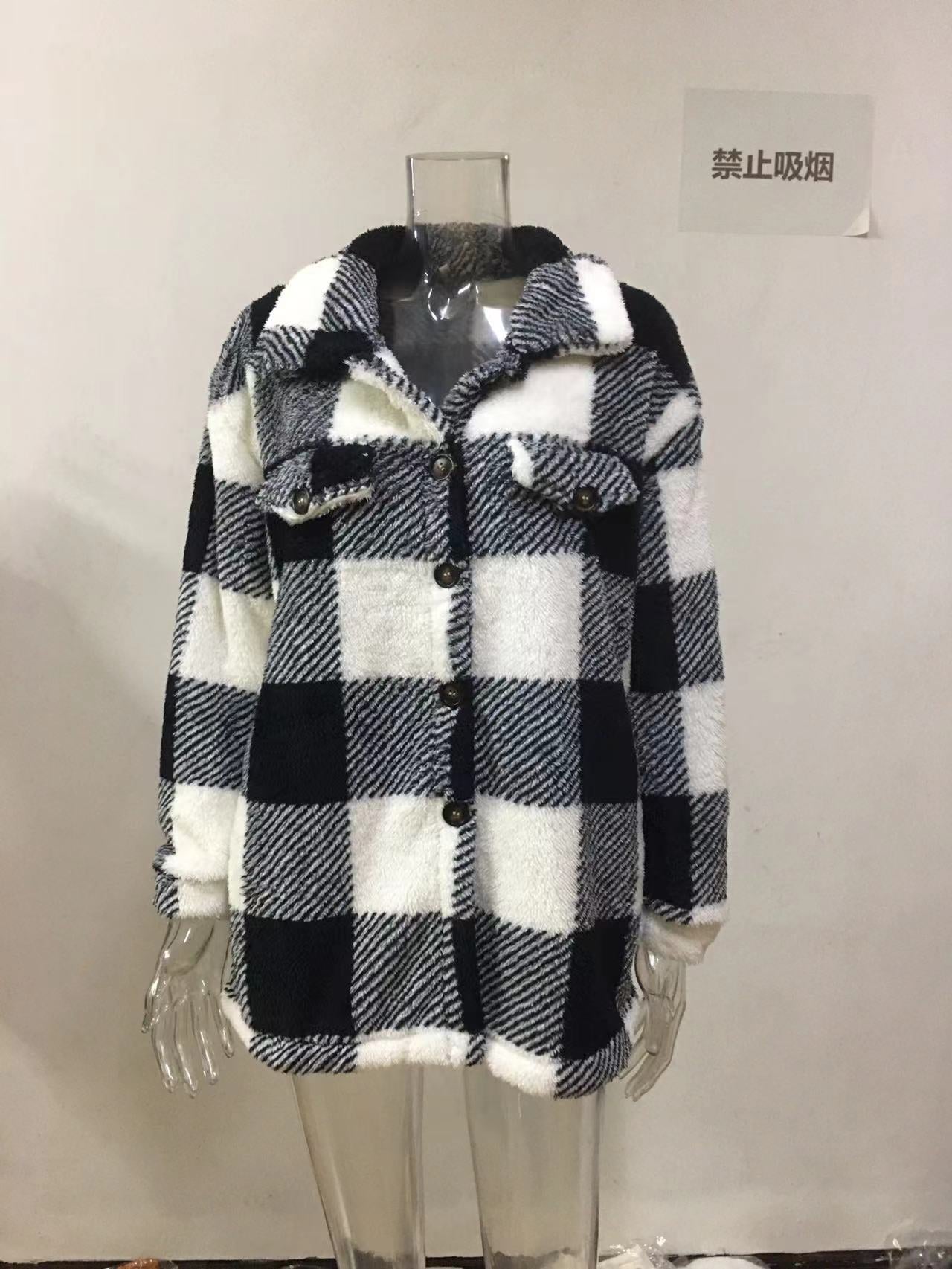 Women Autumn and Winter Pocket Plaid Sherpa Jacket Button Plush Jacket 37