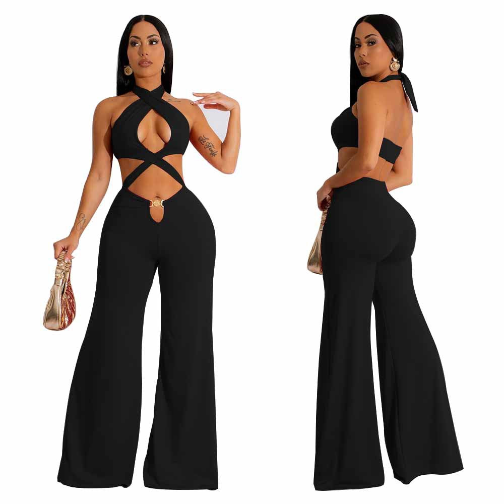 Women's Nightclub Sexy Cutout Halter Neck Wide Leg Jumpsuit 5