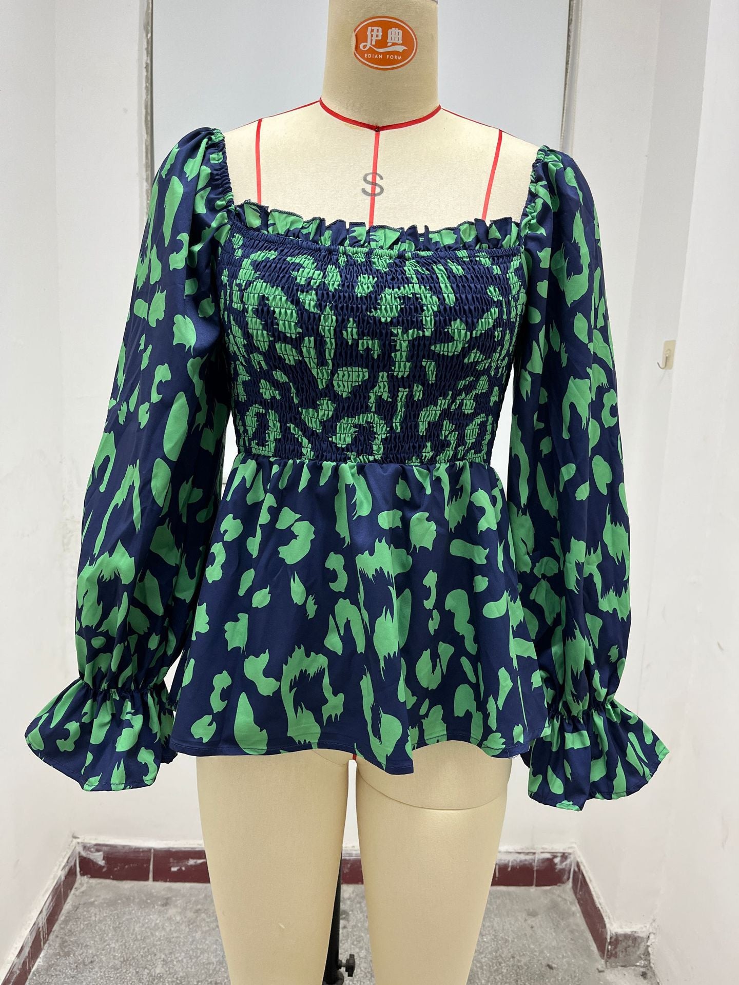 Women Casual Ruffle Edge Square Neck Leopard Print Long Sleeve Top 12