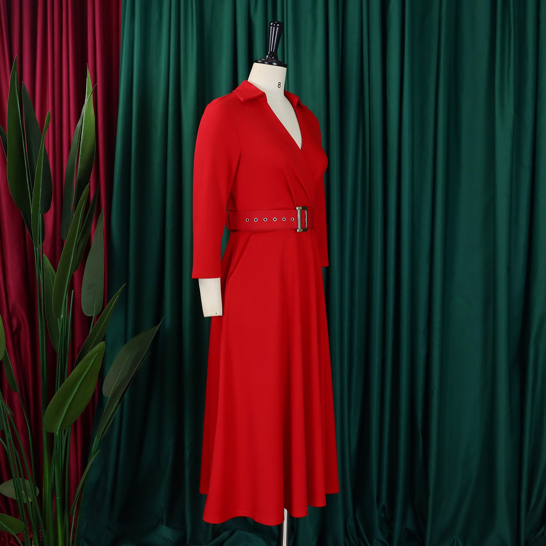 Plus Size Women Autumn Turndown Collar Solid Dress 12