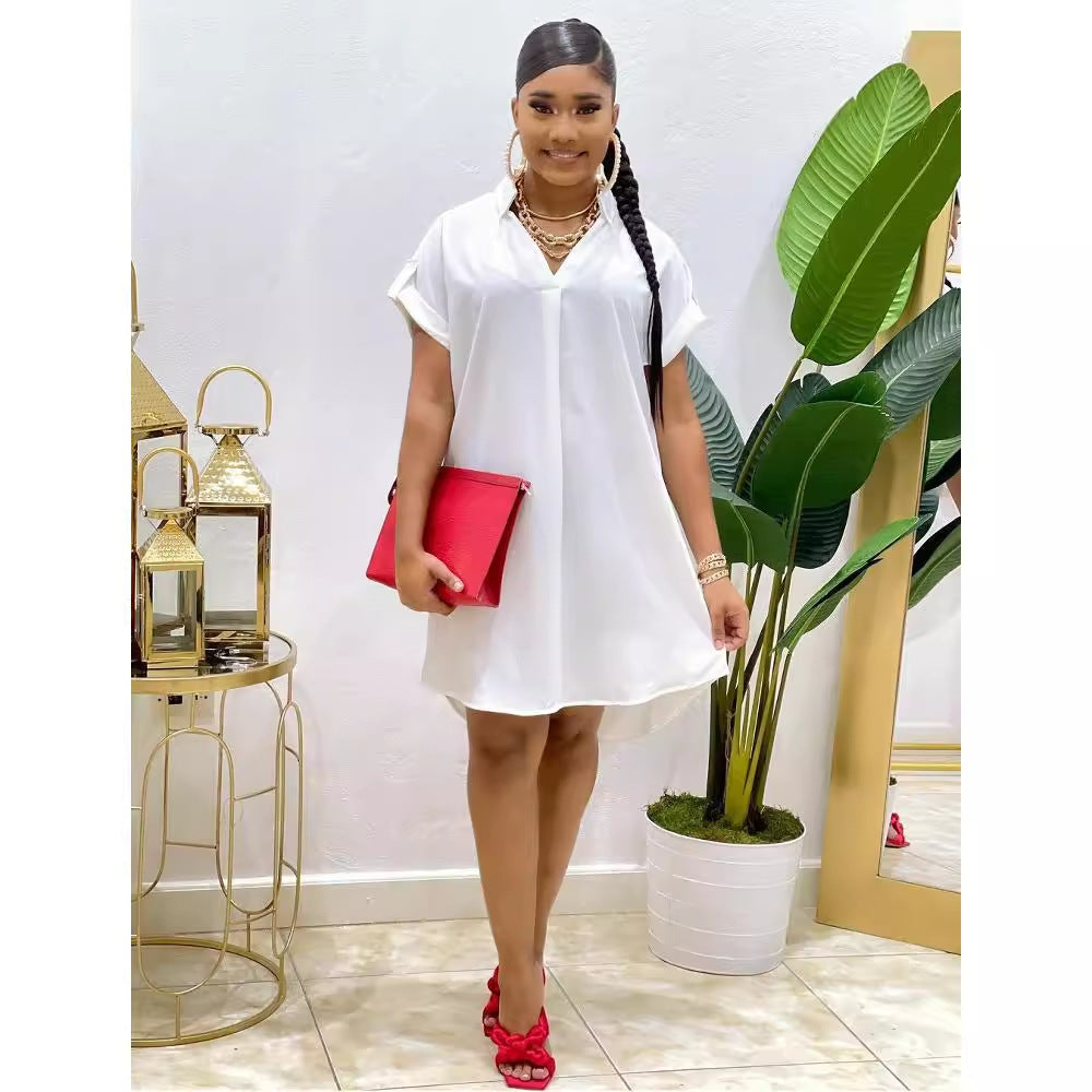 Women Sexy Solid V Neck Short Sleeve Turndown Collar Solid Dress 7