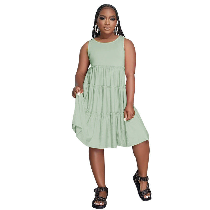 Summer Solid Round Neck Sleeveless Casual Women's Fashion Pleated Casual Dress 14