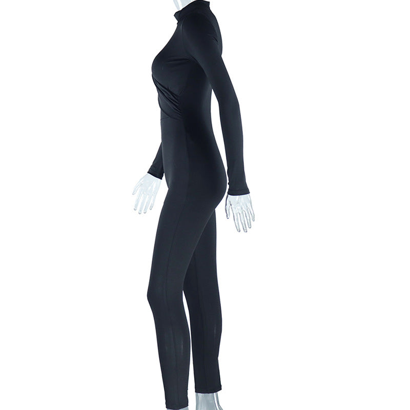Sexy hollow solid color Round Neck long-sleeved Tight Fitting fitness Jumpsuit for women 11