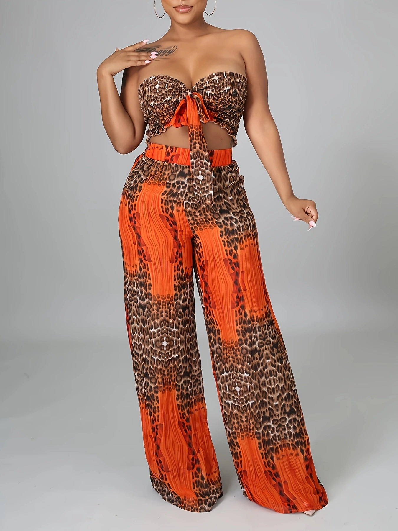 Summer Leopard Print Strapless Lace-Up Wide-Leg Loose Two Piece Pants Set 6