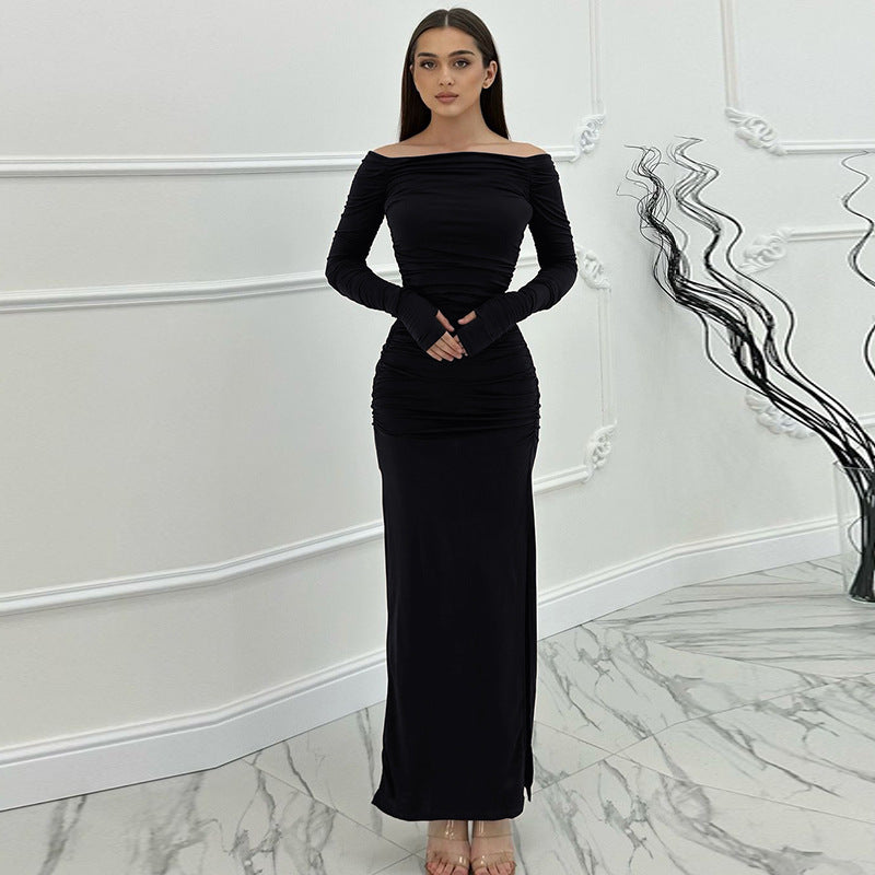 Women Off Shoulder Sexy Pleated Slit Dress 10