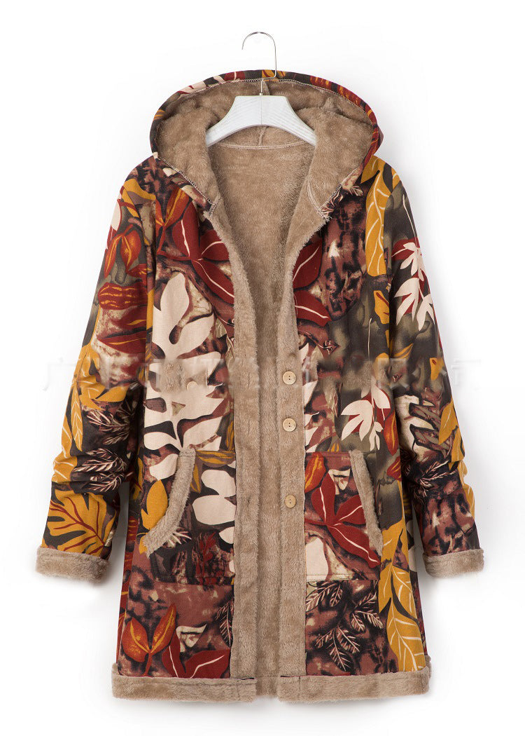 Winter Women's Printed Fleece Hooded Warm Jacket 3