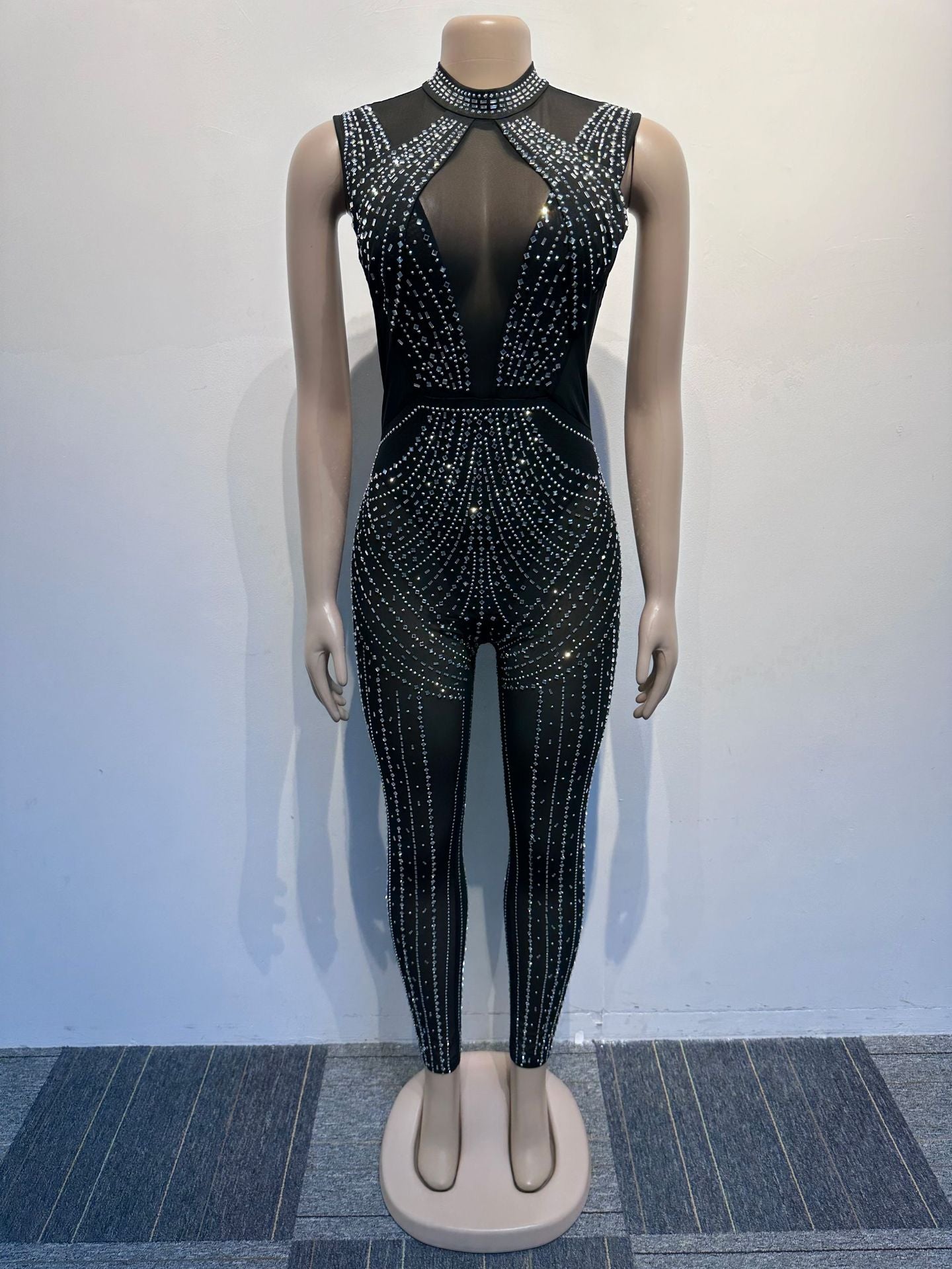 Women Sexy Beaded See-Through Bodycon Stretch Sleeveless Jumpsuit 9