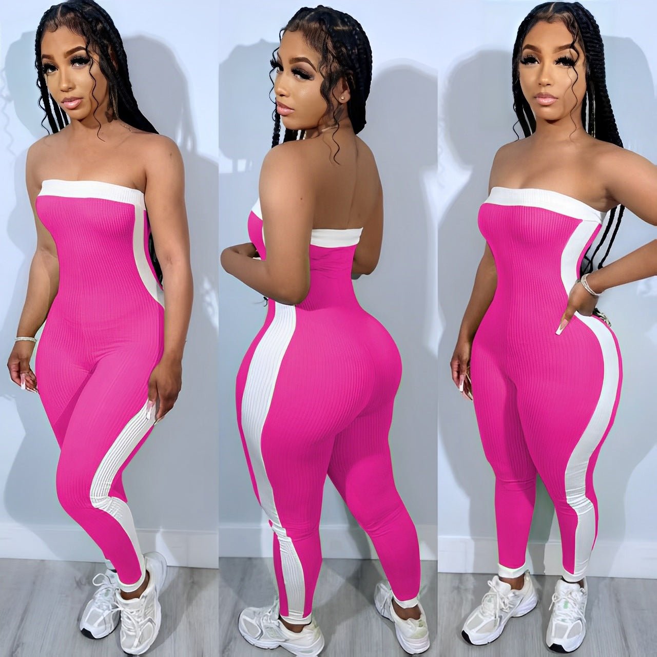 Strapless Color Block Sexy Tight Fitting Sporty Jumpsuit 3