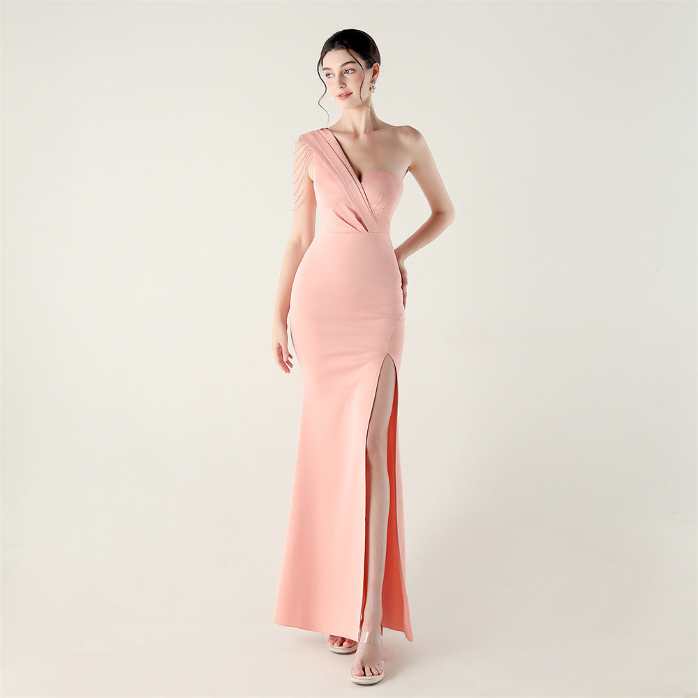 Women sexy and elegant evening beaded one-shoulder slit evening dress 6